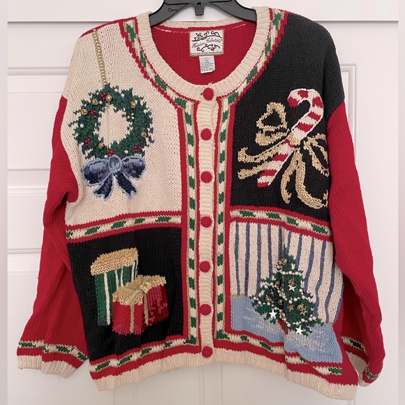 Ugly Christmas Sweater Sweaters - Heirloom Collectibles button front Christmas Holiday sweater size Large- red